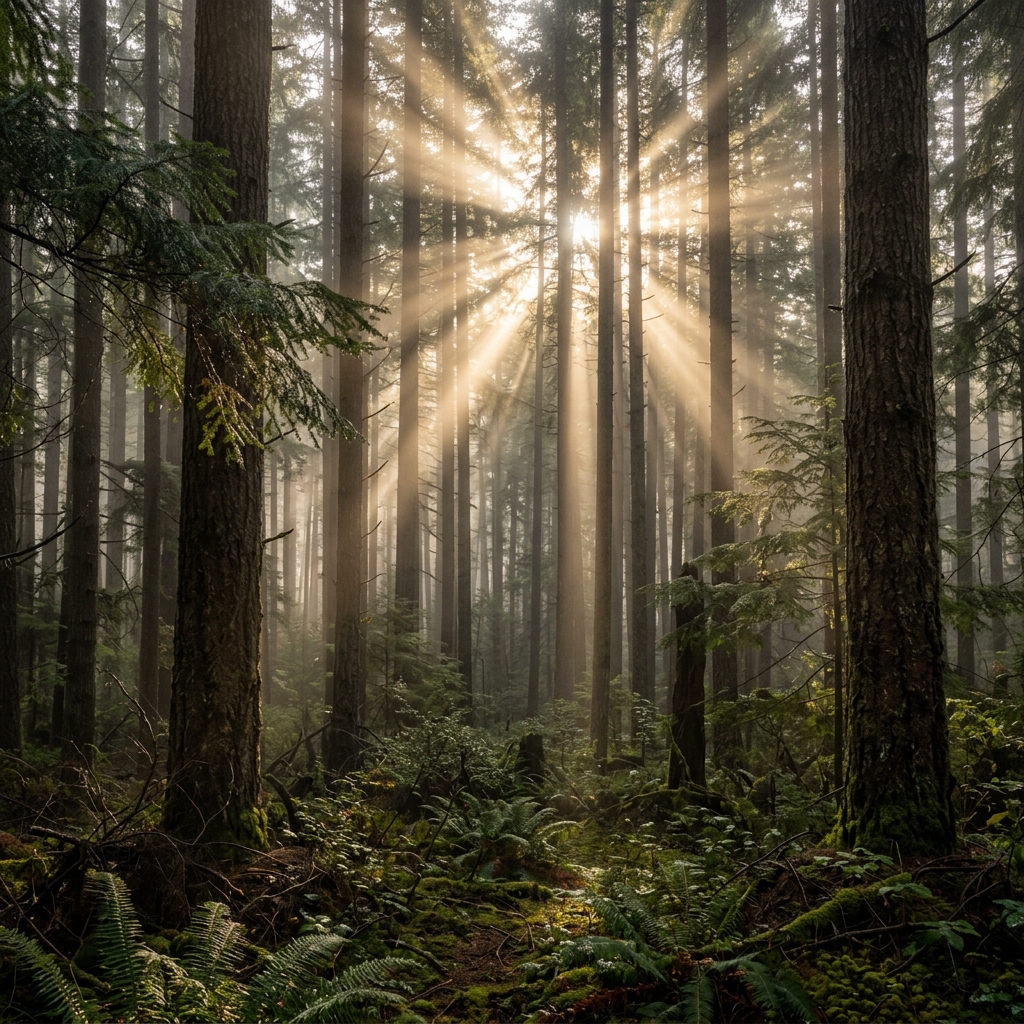 A serene morning mist drifting through a dense pine forest with golden sunlight rays piercing through the tall canopy creating volumetric light beams, masterpiece nature photography, ultra detailed, no people